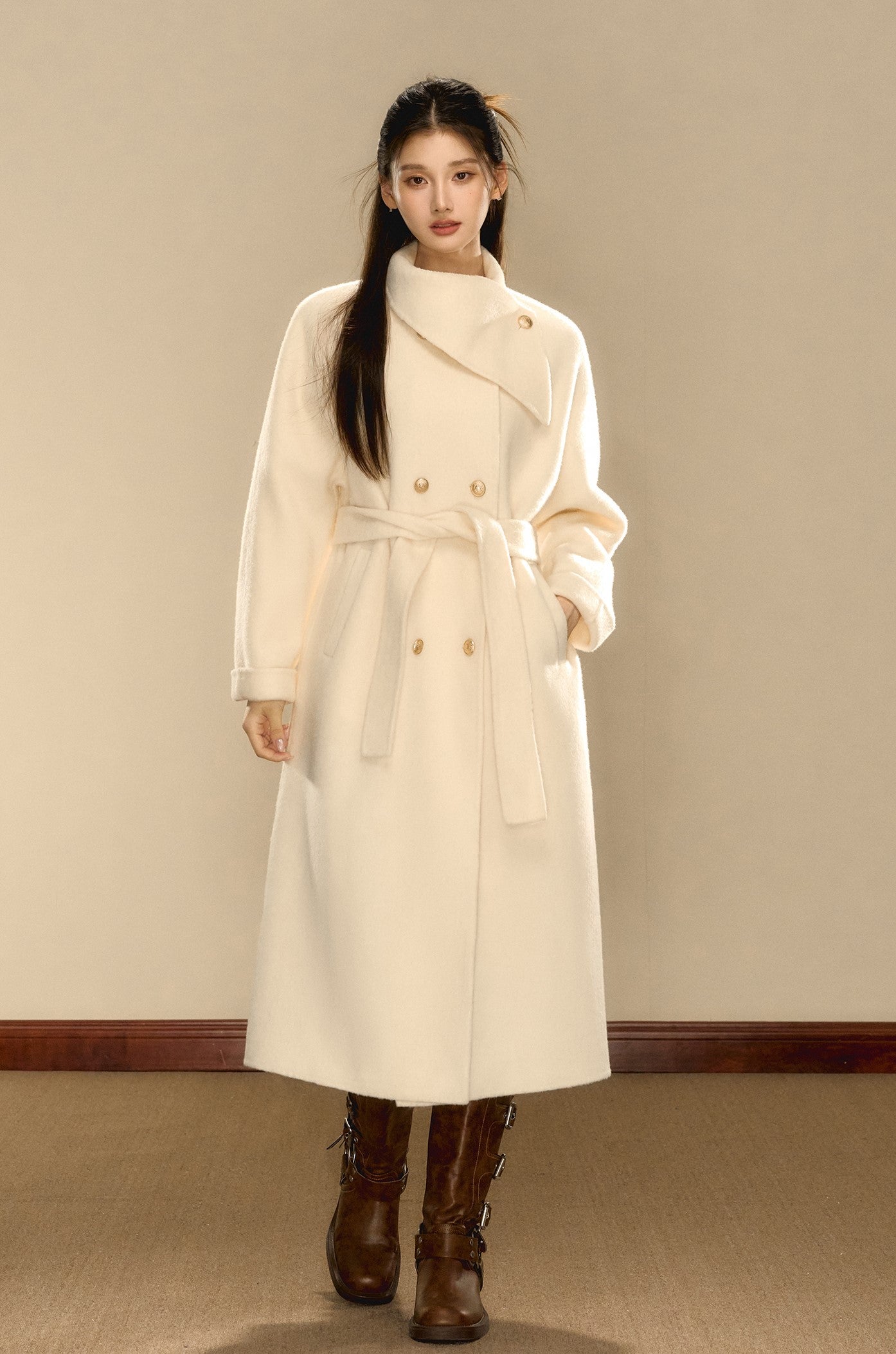 Multi-color Woolen Gold Button Belt Double-sided Coat OSH0074