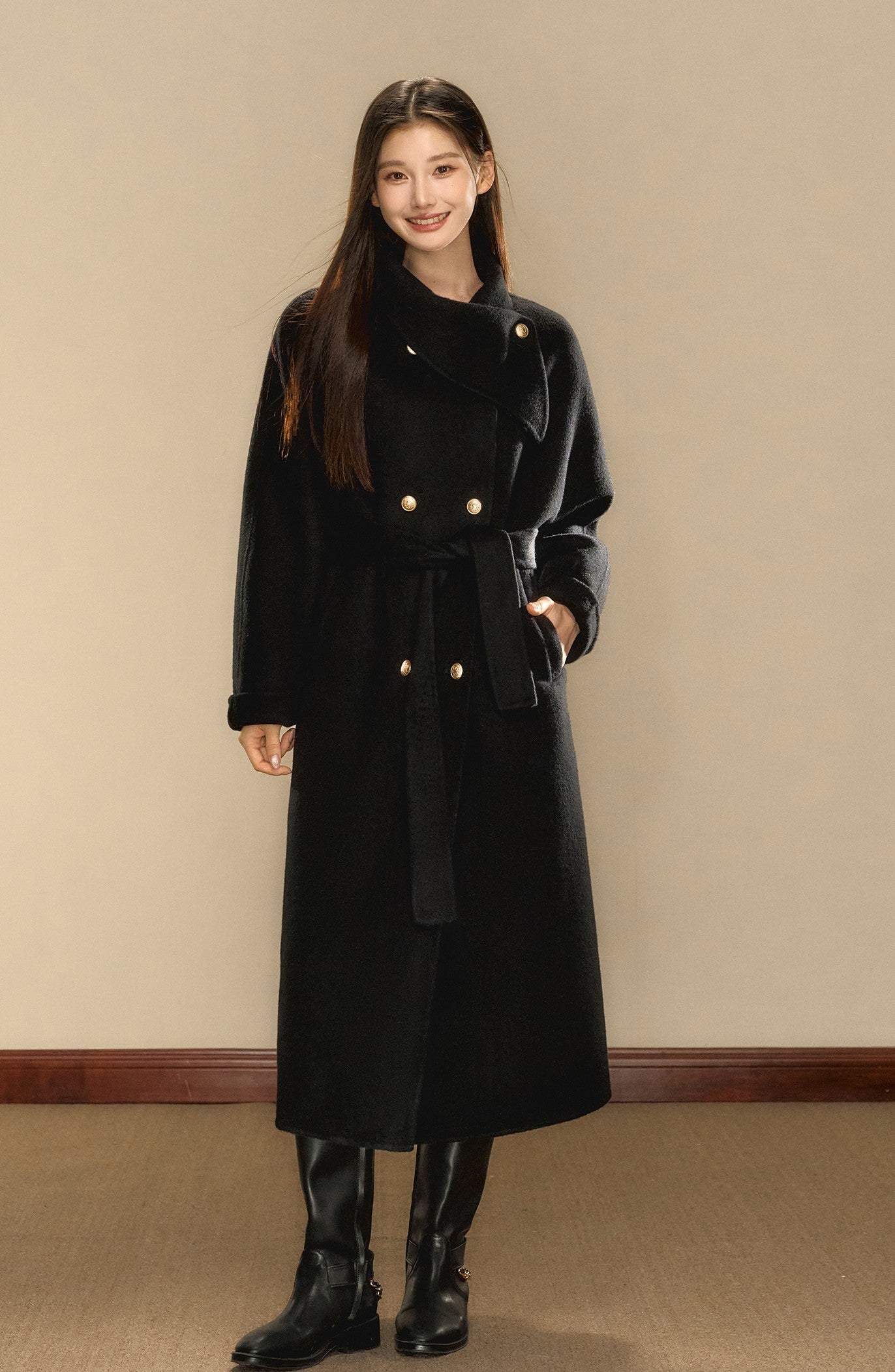 Multi-color Woolen Gold Button Belt Double-sided Coat OSH0074