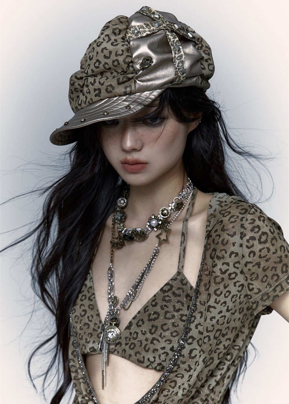 Punk Leopard Print Stitching Rivet Beret NOR0073