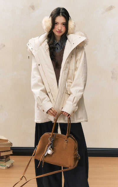 White Loose Hooded Parka Thick Warm Cotton Coat SHI0091