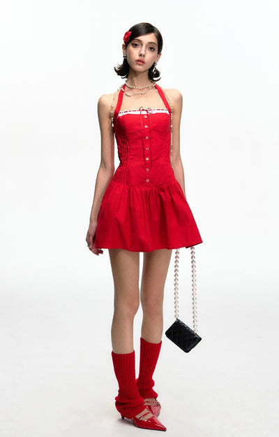Red Lace Trim Waist A-line Halter Dress DPR0046