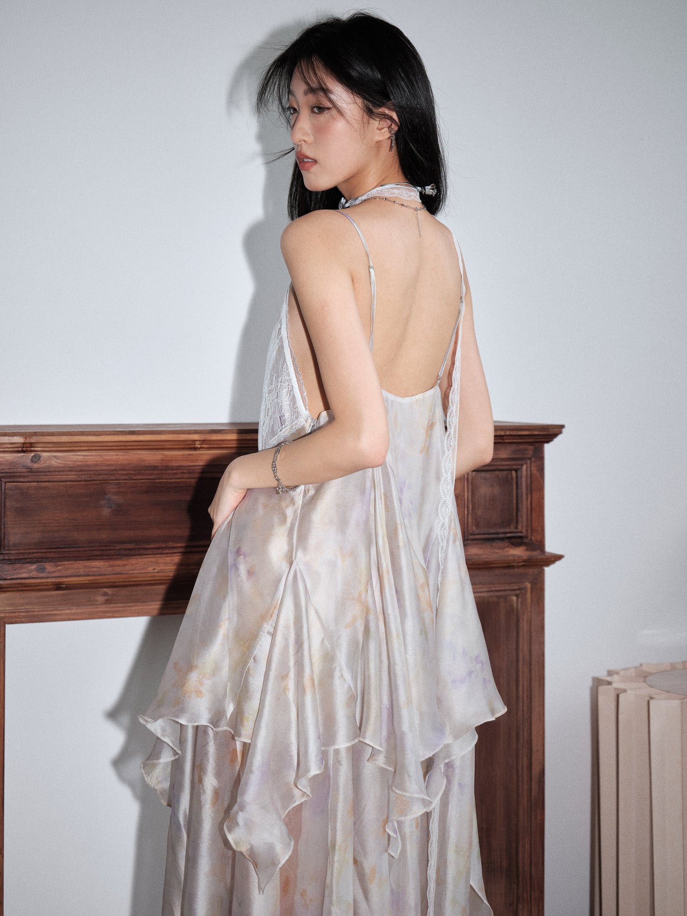 Jellyfish Gauze Printed Transparent Feather Irregular Suspender Dress JNY0156