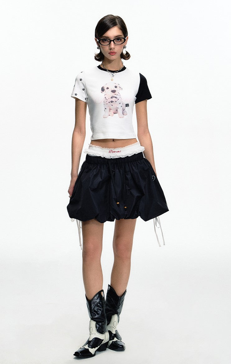 Puppy Print Black And White Asymmetrical Contrast Raglan Short Sleeves T-shirt DPR0048
