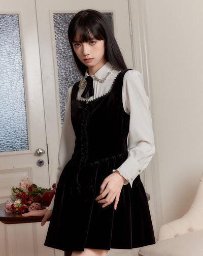 Princess Style Velvet Overall Black Dress/White Shirt FRA0255