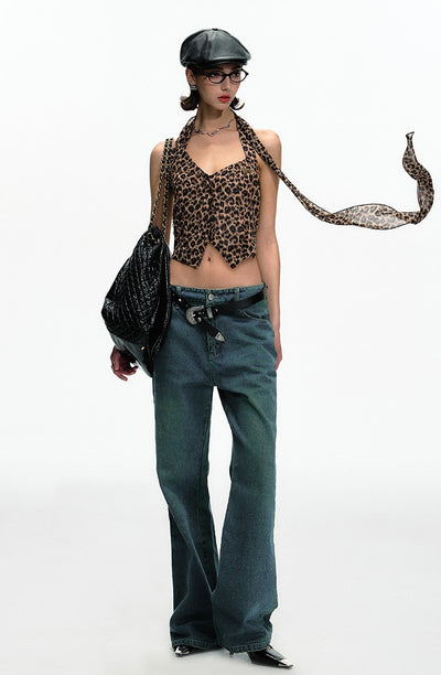 Leopard Print Metal Label Versatile Irregular Halter Neck Vest DPR0054