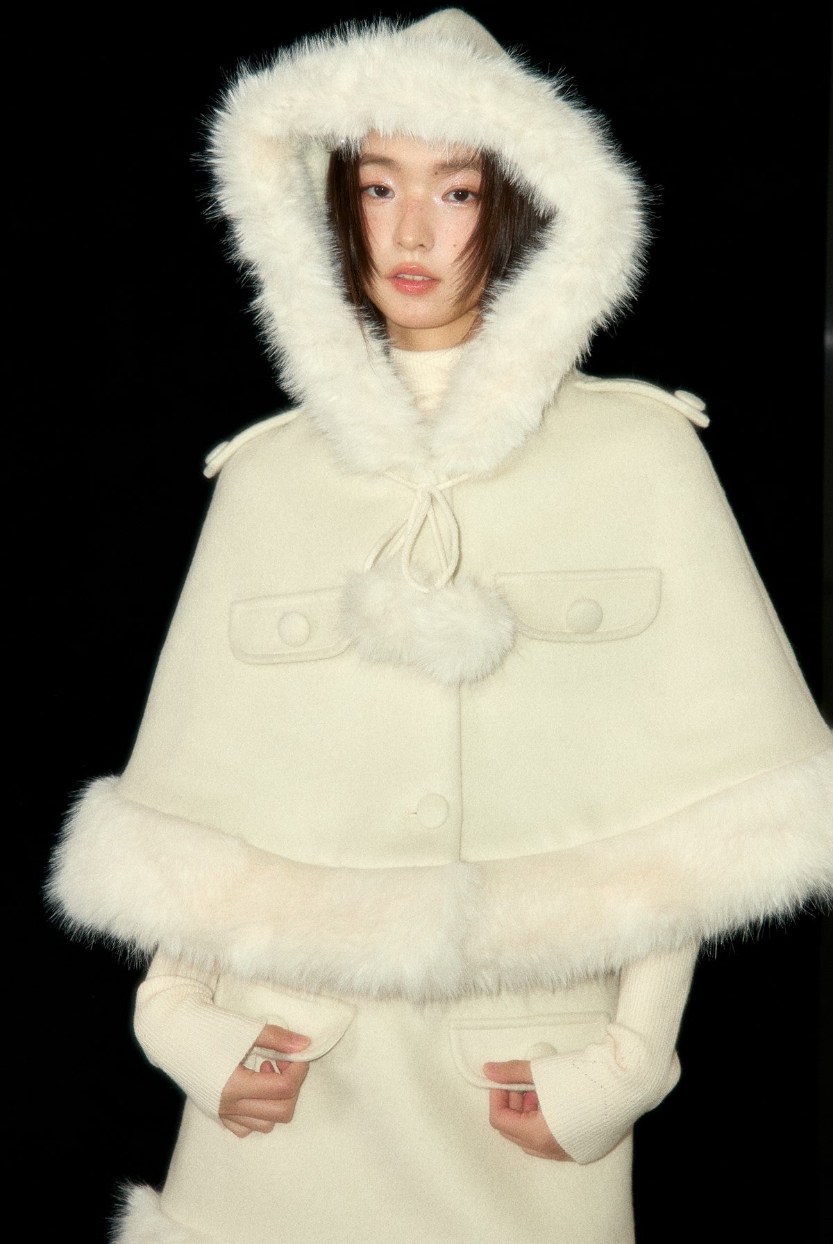 Hooded Fur Collar Woolen  Milk White Cloak Jacket/Skirt LOS0003