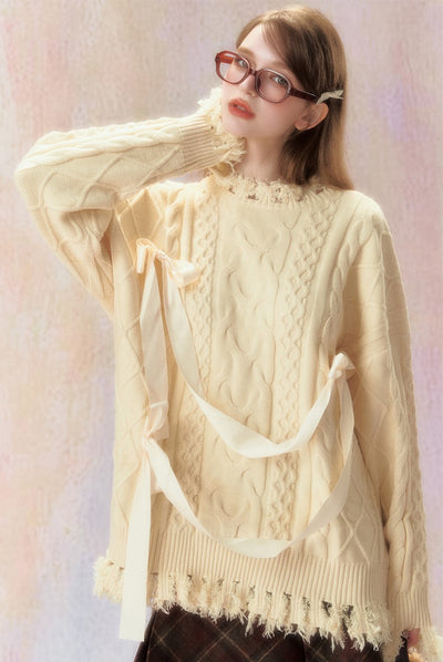 Cream Butterfly Bow Ribbon Sweater SPE0019
