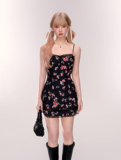 Lace Black Floral Suspender Dress/Red Cardigan QDQ0066