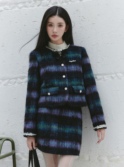 Retro Thousand Gold Suit Blue Plaid Jacket/Skirt FRA0229