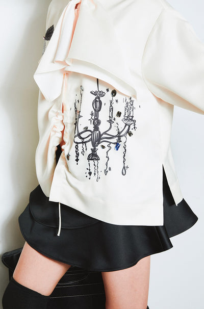 Chandelier Lace Bow Letter Print Diamond Drawstring Satin Shirt SEL0012