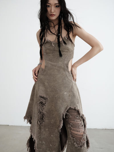 Distressed Destruction Irregular Denim Dress JNY0136