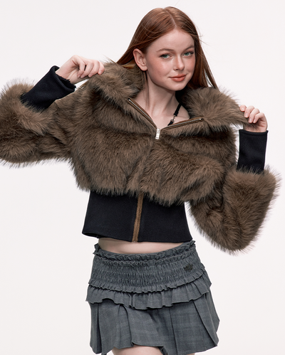 Retro Large Lapel Waist Warm Short Plush Jacket WOO0135