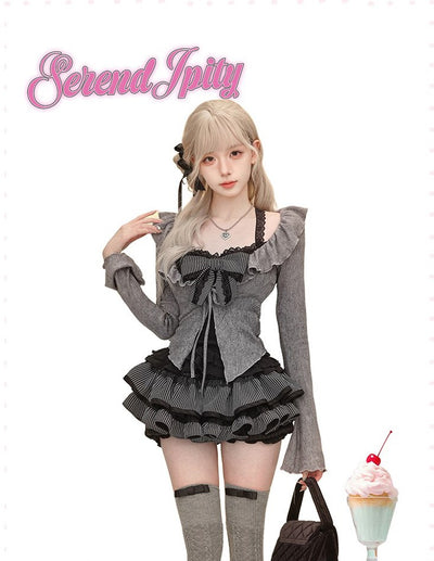 Twilight Black Lace Camisole/Gray Knit Cardigan/Short Skirt SER0084