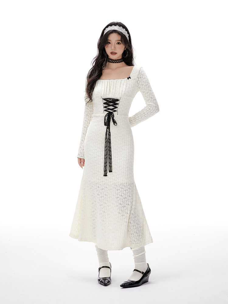 Lace Jacquard Strappy Square Neck Long Sleeve Knit Dress IMO0071