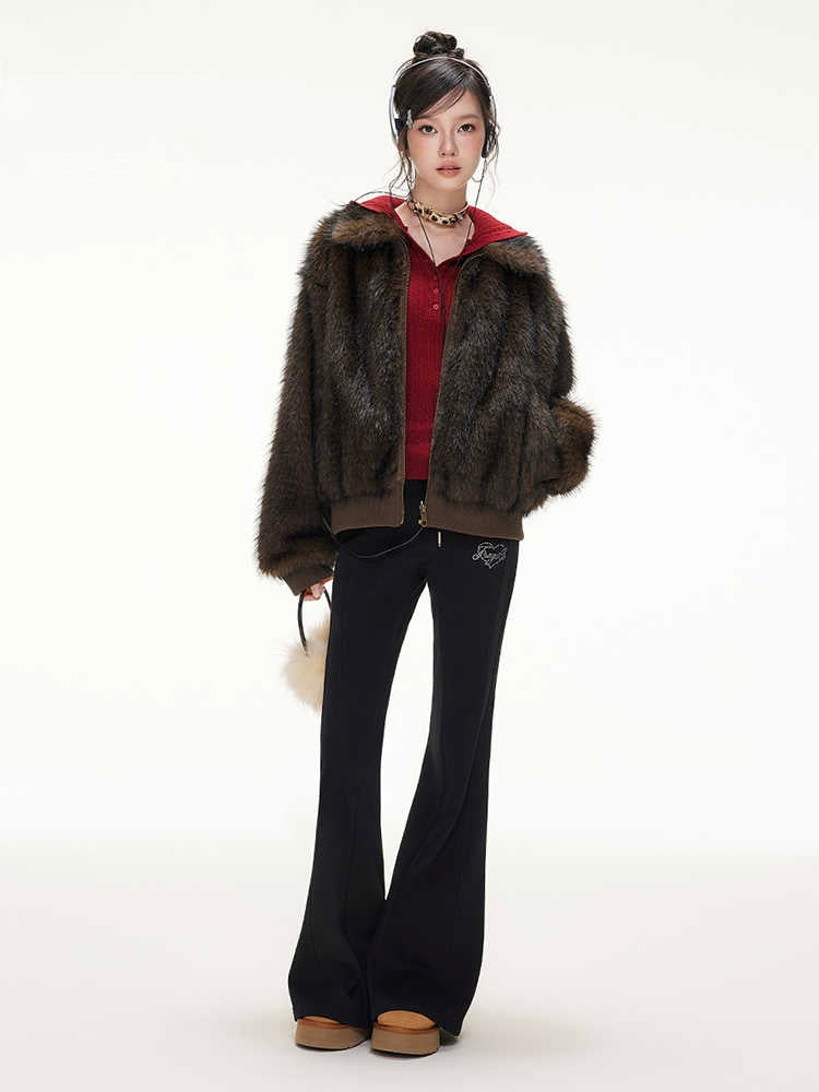 Street Ribbed Hem Fur Lapel Long Sleeve Short Jacket IMO0068