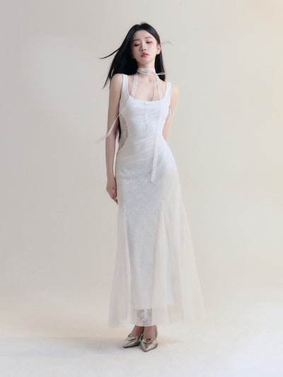 White Romantic Lace Hollow Design Fishtail Dress FRA0172