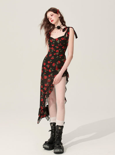 Black Amber Floral Ruffle Irregular Suspender Dress DIA0172