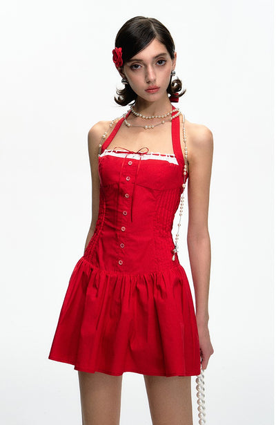 Red Lace Trim Waist A-line Halter Dress DPR0046