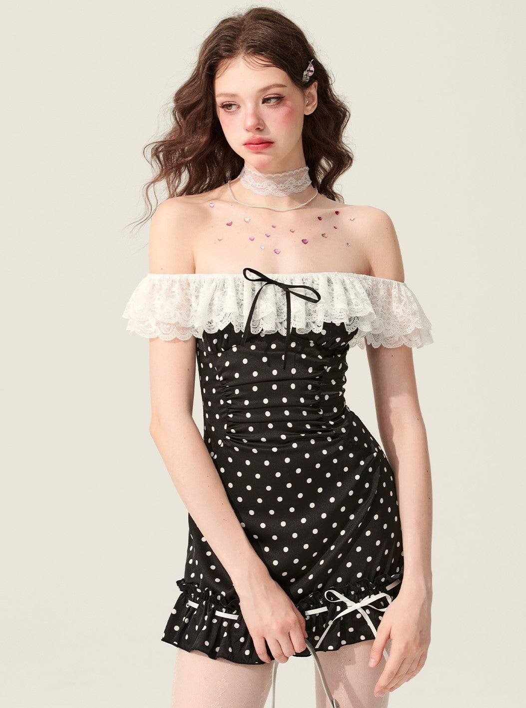 Black One-shoulder Polka Dot Dress DIA0176