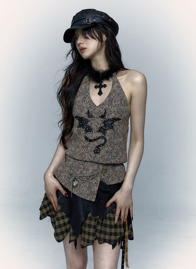 Punk Street Rock Embroidery Leopard Print Halter Vest NOR0067