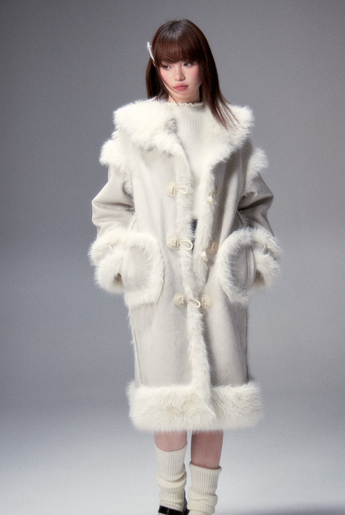 Silver-gray Fur All-in-one Long Warm Coat LOS0011