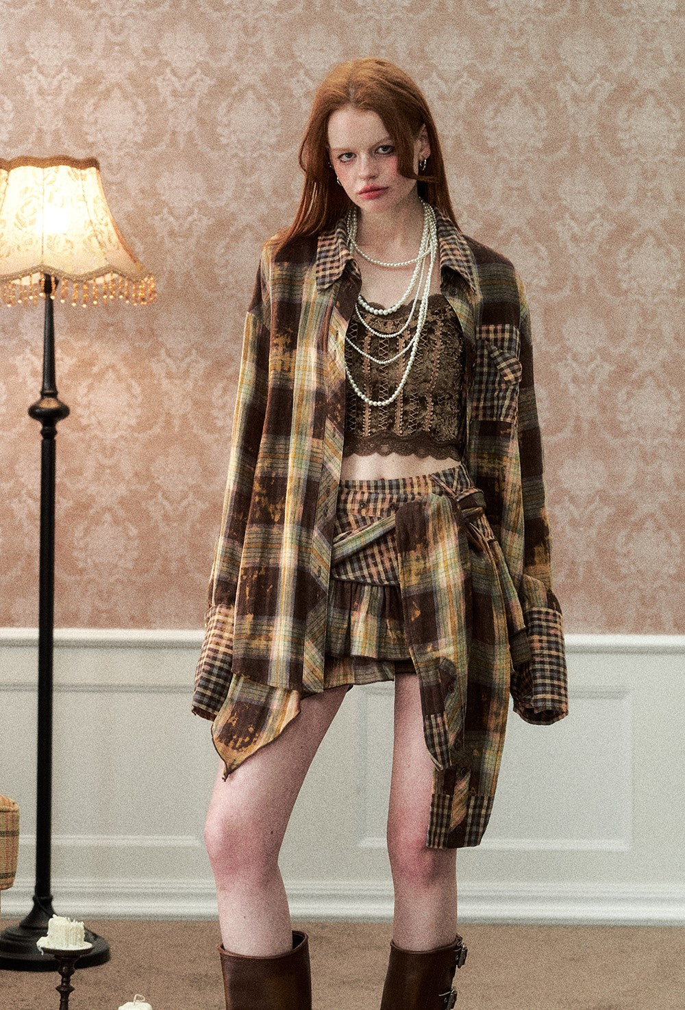 Lace Camisole/Plaid Shirt/Irregular Skirt VIA0151