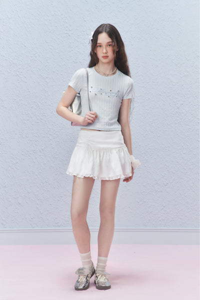 Lace Hem Ribbon Short Skirt AYF0029