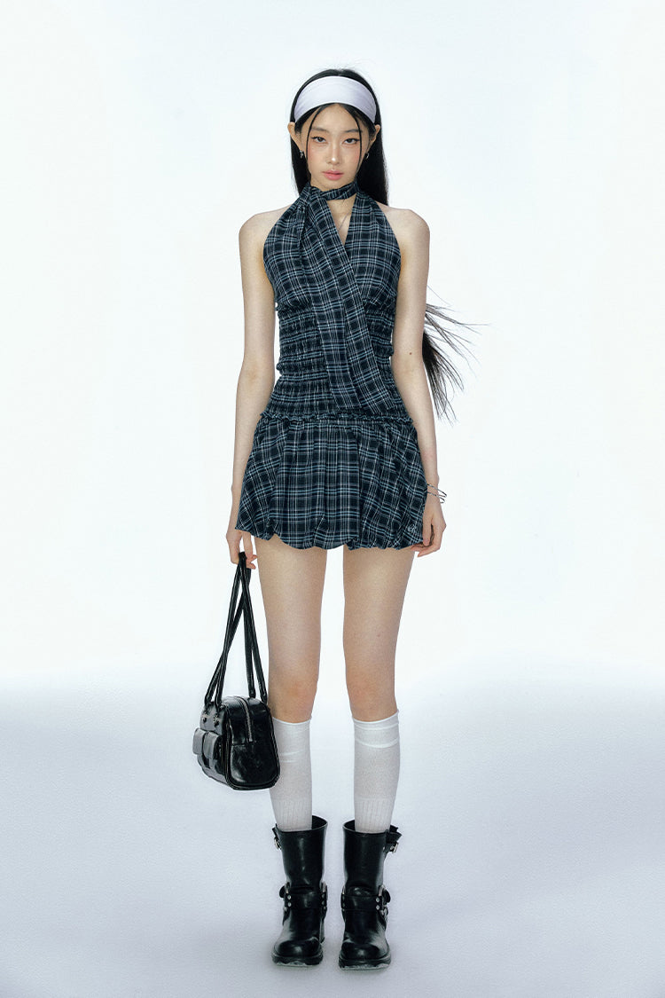 Navy Blue Plaid Sleeveless Top/Skirt CUR0127