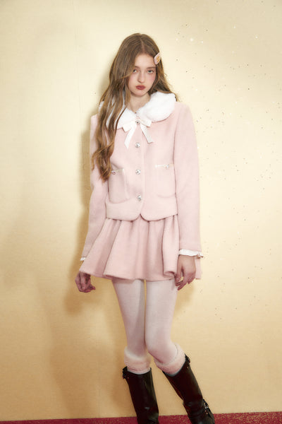 Pink Woolen Fur Collar Bow Jacket/Skirt REC0027