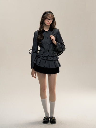 Gray Striped Suit Jacket/Cake Pleated Skirt SUN0080