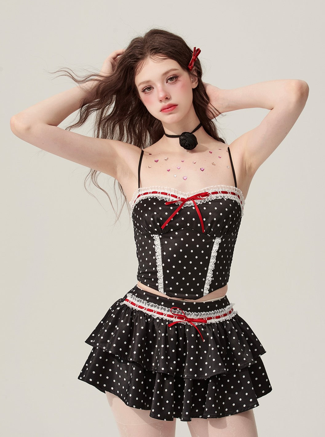 Black Polka Dot Suspender Top/A-line Slimming Short Skirt DIA0171