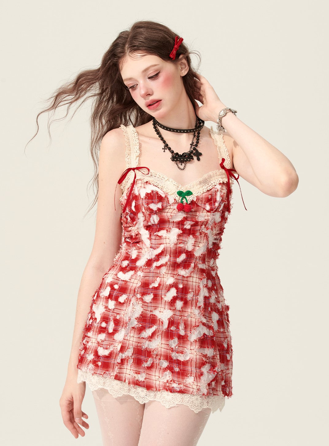 Red Slim Waist Suspender Dress DIA0170