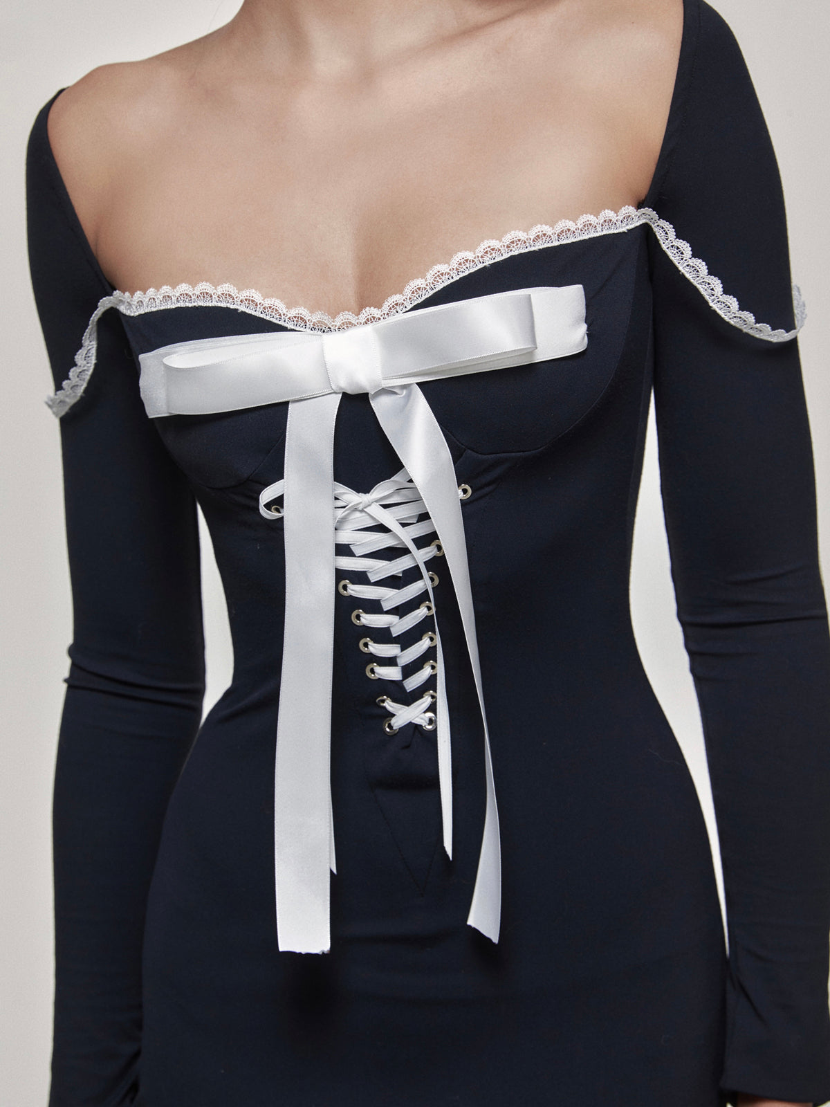Bow-decorated Lace-up Knitted Dress 34O0011