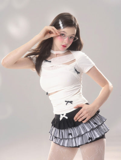 Tight-fitting Slimming Hollow Design Short-sleeved T-shirt/Skirt DIA0194