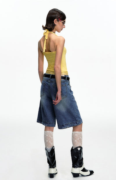 Blue Retro Washed Loose Versatile Wide-leg Short Jeans DPR0055