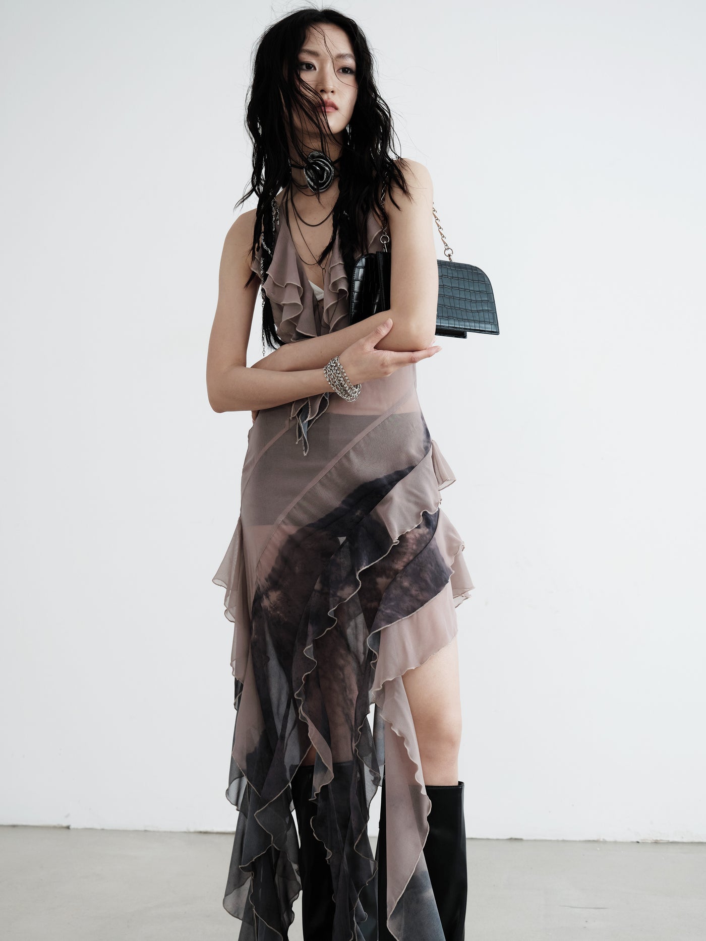 Smudge Print Irregular Chiffon Slip Dress JNY0150