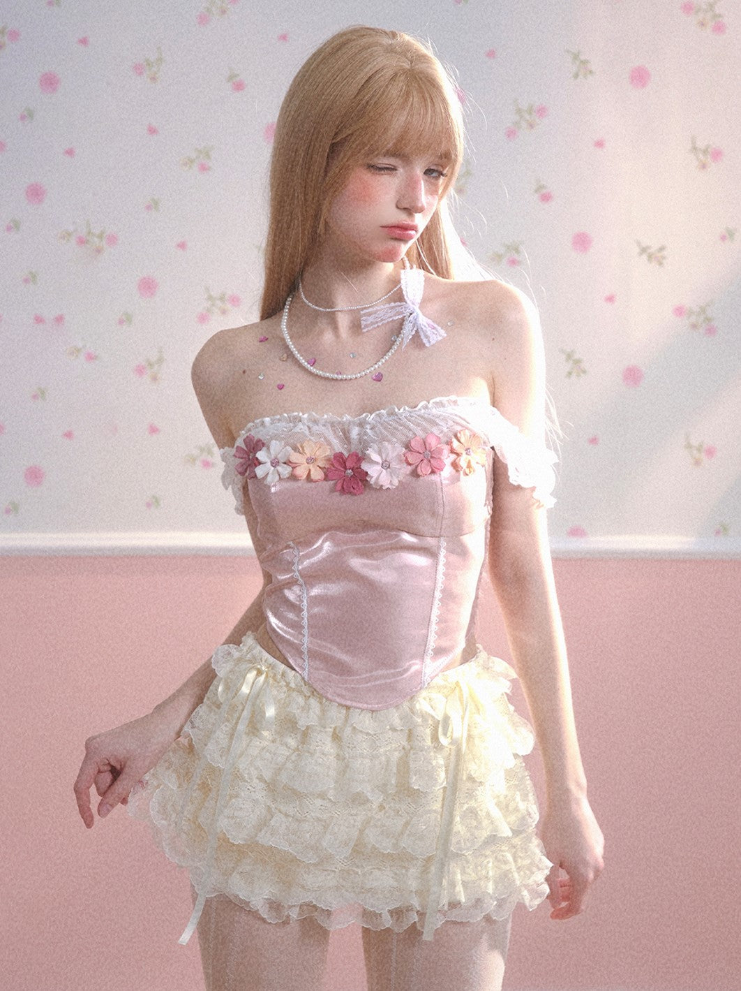 Flower One shoulder Pink Shirt/Skirt DIA0133