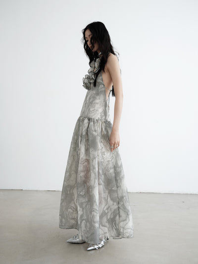 Grey Print Three-dimensional Large Open Back Halterneck Slip Dress JNY0132