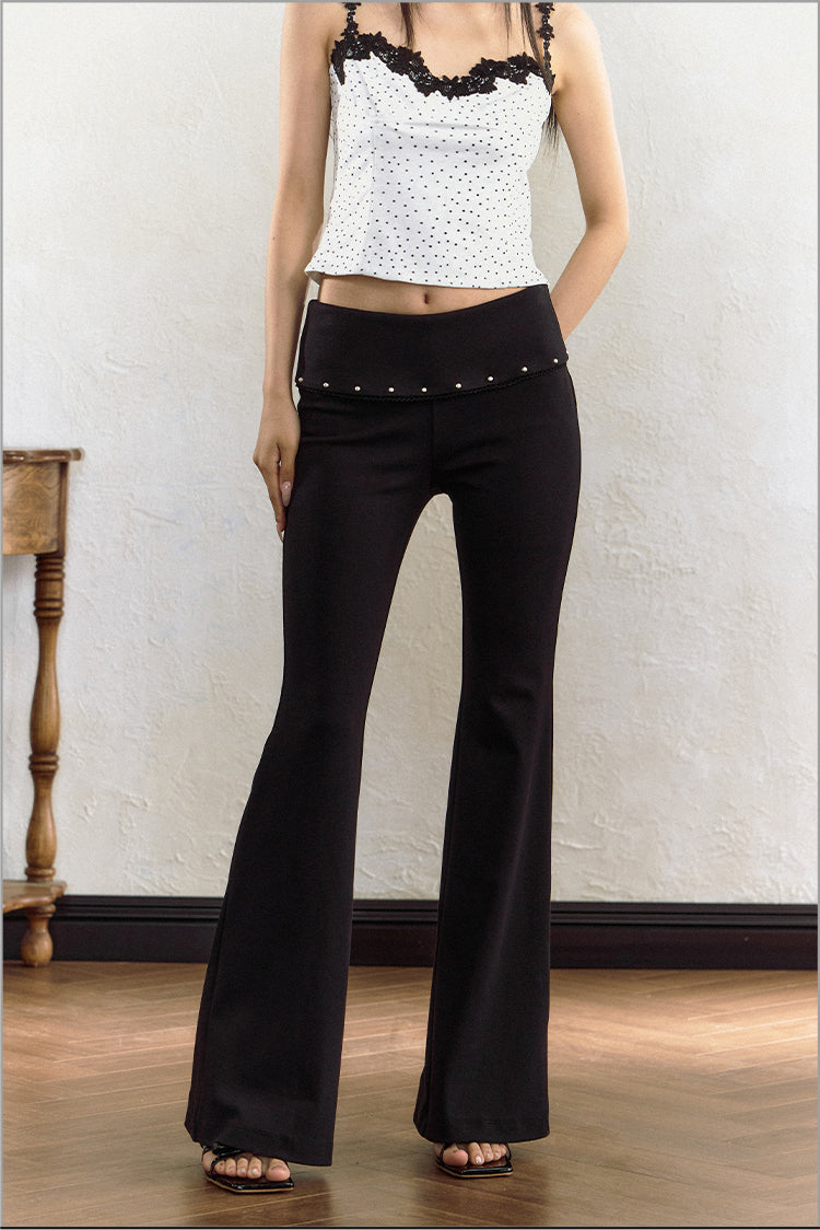 Turned-waist Studded Design Slim Low-waisted Flared Pants AGM0055