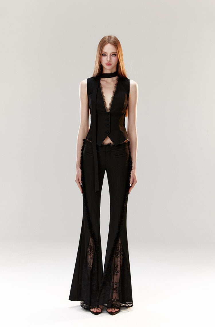 Lace Flared High Waist Black Suit Pants 4MU0040