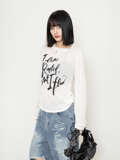 Lazy Style Letter Pullover Mesh Long Sleeves T-shirt ZER0232