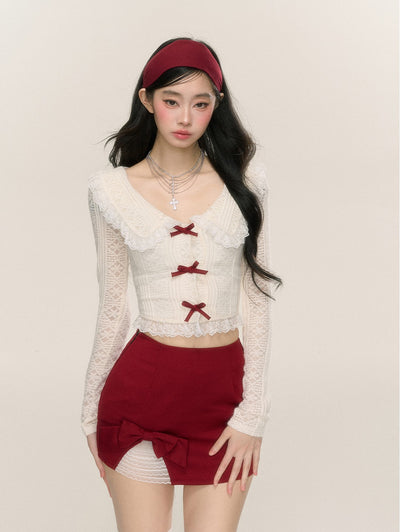 Sweetheart Doll Collar Lace Long Sleeve Thin Shirt/Red Skirt DIA0220