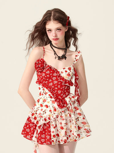 Rose Red Splicing Floral Suspender Dress DIA0167