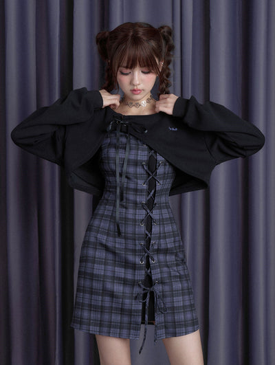 Blueberry Purple Checkered Dress/Black Short Cardigan SAG0193