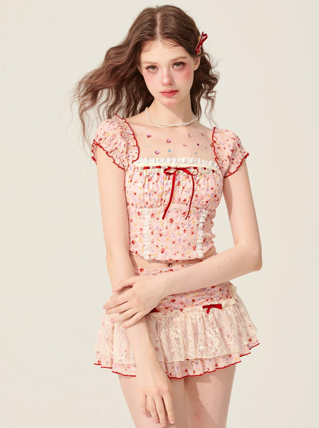 Puff Sleeves Pink Lace Top/Skirt DIA0156