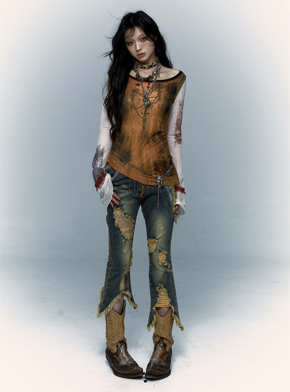 Retro Punk Patchwork Lace Ripped Cropped Flared Jeans NOR0069