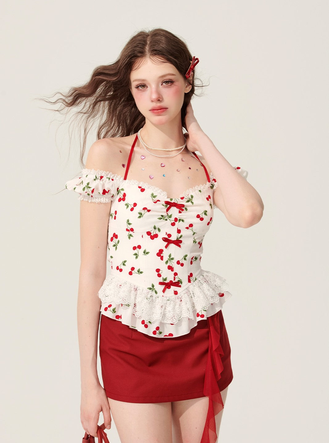 Cherries Halter Neck White T-shirt DIA0157