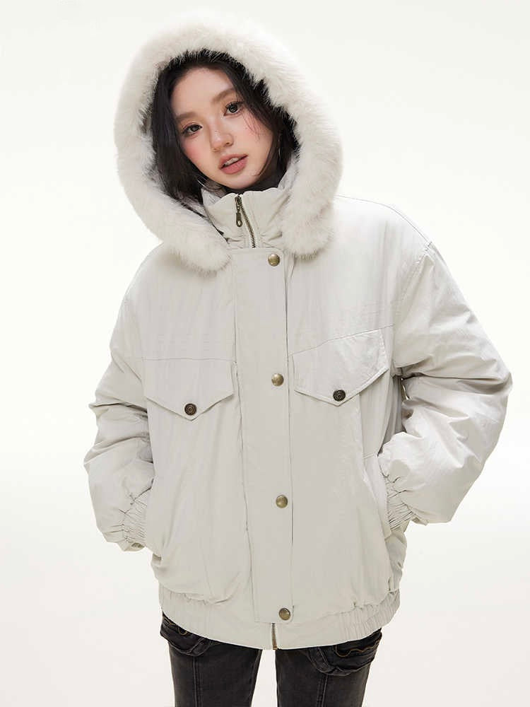 Vintage Street Detachable Fur Collar Hooded Cotton Loose Jacket IMO0073