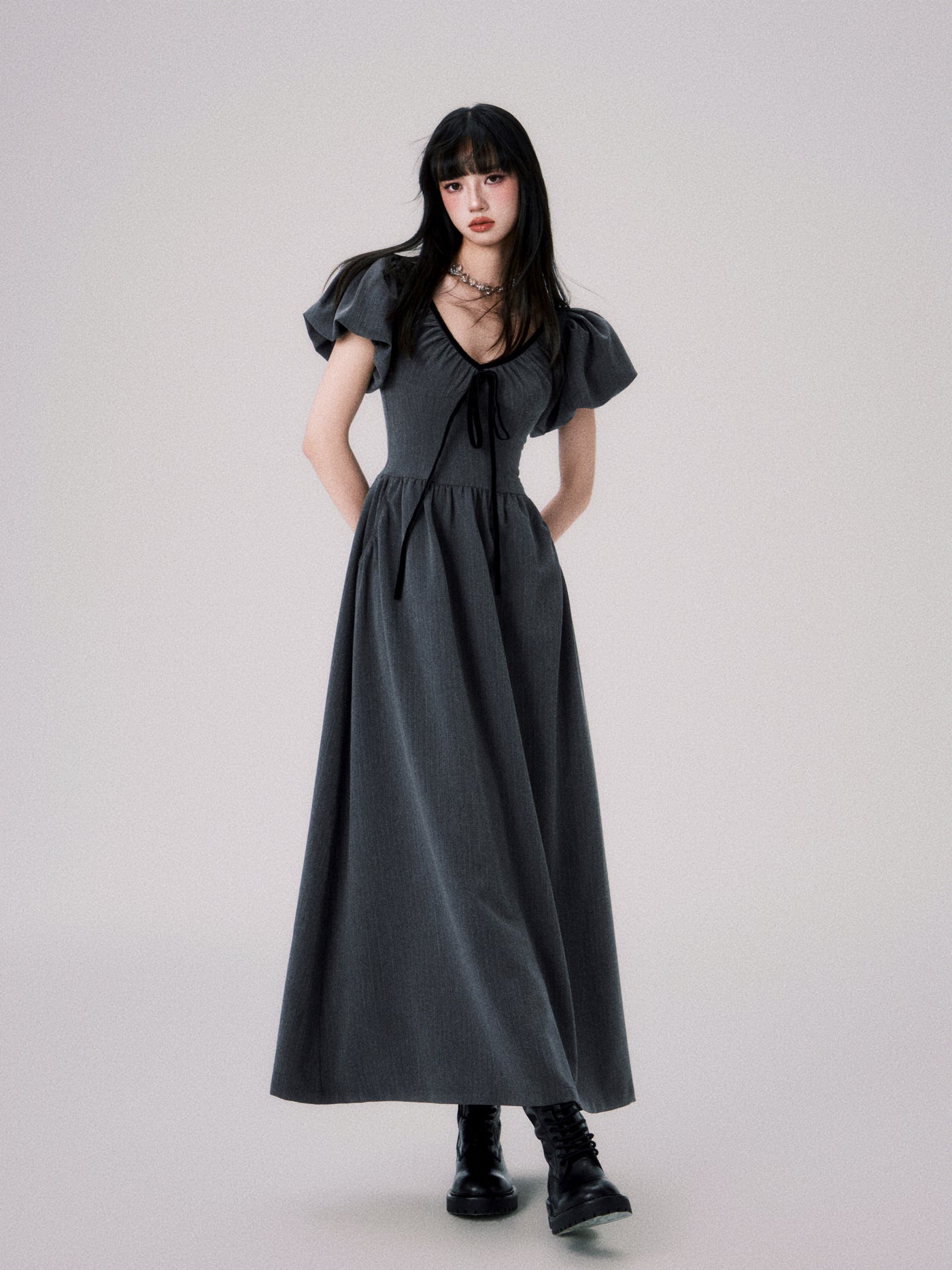 Dark Gray French V-neck Puff Sleeve Dress LUL0063