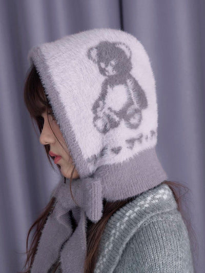 Gray Purple Bear Scarf Hat SAG0197